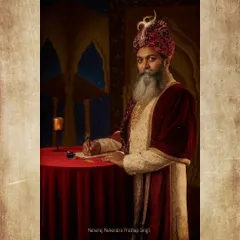 A character portrait of Maharaj Mahendra Prathap Singh from the theatrical production 'Ek Mahal Ki Daastan'. I styled him in a regal sherwani, a traditional turban, and a velvet shawl to create an authoritative and kingly presence.