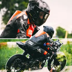 This collage shows two key moments in training: a close-up on the rider's focus and a wider shot of the bike in motion. Mastering your vision and posture is fundamental to our motorcycle training program.