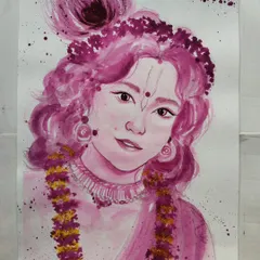 A portrait of Lord Krishna, painted in a unique pink monochrome style with watercolor. I wanted to create a soft, loving, and divine feel, highlighted by the gold garland.