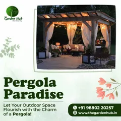 An evening view of a pergola we designed, transformed into a magical paradise with string lights and elegant drapery. This setup creates a warm and inviting ambiance, perfect for cozy nights outdoors.