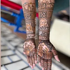 A full view of a personalized bridal henna. This design tells a complete story, featuring the couple's parents, their pets, and the cityscapes of Delhi and Bangalore that are meaningful to them.