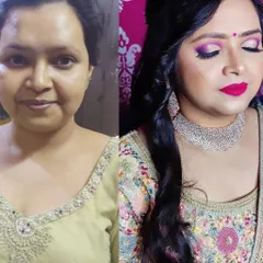 Your engagement look should be just as stunning. Here is a before and after of a glamorous look with vibrant, smokey eye makeup and a matching bold lip, perfect for an evening of celebration.