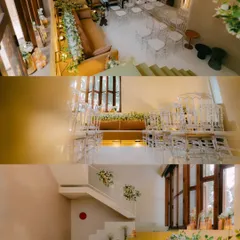 A collage of the intimate wedding venue decor. The clean white and gold palette, accented with fresh flowers and elegant seating, creates a sophisticated and welcoming atmosphere.
