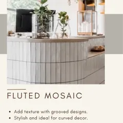 This reception desk showcases how I use materials to make a strong first impression. The curved counter is finished with a fluted mosaic tile, adding texture and a contemporary, stylish feel that immediately elevates a boutique or office entryway.