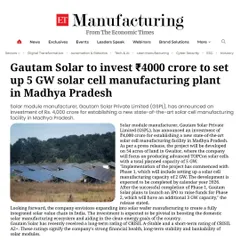 Our commitment to India's energy independence is backed by significant investment. This ₹4000 crore plan for a 5 GW solar cell manufacturing plant in Madhya Pradesh, as featured in The Economic Times, will strengthen the domestic solar value chain with advanced TOPCon technology.