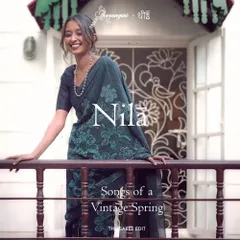 This is our hero item. The Nilā saree embodies our craft. It is a deep indigo silk georgette piece that took over 60 hours to create, combining intricate textures and custom-carved floral motifs using a specialized discharge printing technique.