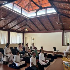 A wide view of our Sunday Satsang held at the Rotary Club in Indiranagar. Devotees are seated in meditation, absorbing the peaceful vibrations and the teachings shared during the session.