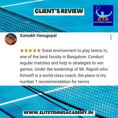 A client testimonial praising the great environment for playing tennis in Bangalore. The review mentions our regular matches, strategic help, and the leadership of our world-class head coach.