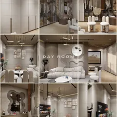 This collage captures the essence of a modern day room, a versatile space designed for relaxation and style. It highlights the use of a soft pastel palette, herringbone flooring, and unique details like the curvy 3D art wall and a hanging jali partition, demonstrating how I balance comfort, function, and aesthetic appeal in a single room.