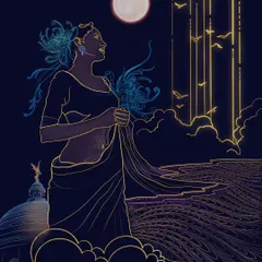 This digital illustration captures the divine feminine, draped in twilight and stitched with silence. The glowing gold lines against the deep blue create a feeling of quiet, infinite energy. This is one version of the artwork.