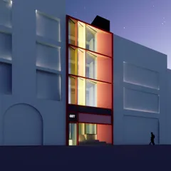 A full view of the conceptual design for the "007" office building in Defence Colony. The colorful, angled facade is designed to stand out in the urban streetscape.