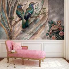 A beautiful and artistic wallpaper featuring colorful birds perched on textured leaves. The design is rich in detail and perfect for a nature lover.