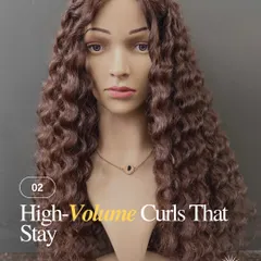 A frontal view of our high-volume curly wig on a mannequin. The curls are designed to stay defined and bouncy, giving you a consistently beautiful look.