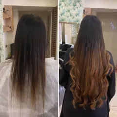 This client's before-and-after is a testament to the power of extensions for creating a completely new style with color and waves.