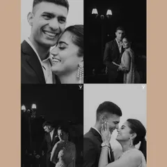 A collage of intimate black and white portraits of a couple at night. The dramatic lighting and their close embraces create a series of romantic and moody images.