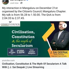 The YouTube thumbnail for my talk in Mangaluru on "Civilisation, Constitution & the myth of Secularism". The session included an extensive Q&A, allowing for deep engagement with the audience.