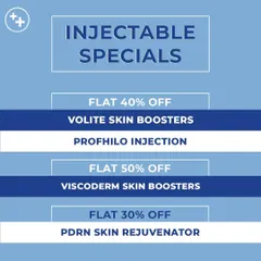 Our injectable specials include a variety of skin boosters and rejuvenators like Volite, Profhilo, Viscoderm, and PDRN, each designed to target specific concerns from hydration to cellular repair.