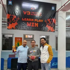 Presenting awards to the runner-up team in the corporate doubles event. Our tournaments recognize the achievements of all top performers.