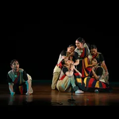 This tableau from 'Ikshana' represents the interconnectedness of humanity and nature. Creating such formations is a key part of my choreographic process for group productions, aiming for visual impact and narrative clarity.