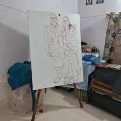 An initial line drawing for a large-scale 48"x36" couple portrait. This stage is crucial for establishing the correct proportions and posture before any paint is applied.