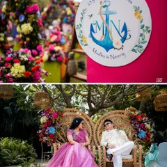 Personalization is in the details. This collage highlights a custom anchor-themed monogram for the couple's 25th anniversary and their special peacock wicker seating, surrounded by lush, colorful floral decor.