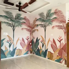 For this spacious room, I used a stylized palm tree mural with a soft color palette. The design adds height and a sense of openness, creating a breezy, coastal vibe that is both modern and relaxing.