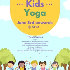 Our kids' yoga program is designed to be fun and creative. This poster outlines the activities we do, from focus games to building a positive self image through affirmations.