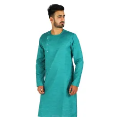 We ensure consistency across your entire collection. This image showcases a different style, a side-button teal kurta, with the same professional lighting and clear background for a cohesive catalogue look.