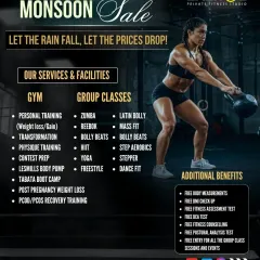 Don't let the rain stop you. Our Monsoon Sale is here with prices dropping on annual, couple, and family memberships. This poster details our services, group classes, and additional benefits like free body measurements and fitness assessments.