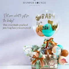 This dinosaur and jungle animal themed hamper is perfect for a little explorer. Packed in a stylish and practical jute bag, it’s filled with essentials and a personalized balloon for baby Kiaan.
