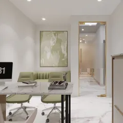 Here, we used a glass door with a sleek gold handle to connect the private cabin to the main office corridor. This maintains a visual link to the rest of the team while providing a quiet, focused area for individual work.