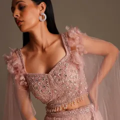 A close-up of the stunning blouse that comes with my light pink net lehenga. The feather details and intricate embroidery make it a true statement piece.