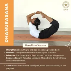 Dhanurasana (Bow Pose) embodies energy and vitality. This infographic details its benefits for strengthening the back and thighs, enhancing breathing, and balancing energy centers.