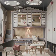 For the little superhero fan, this room features an Iron Man neon sign as a cool focal point. The house-frame loft bed and coordinated color scheme create a fun, modern hideout.