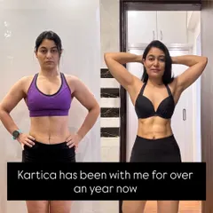 A clear before-and-after shot of a female client, showcasing significant fat loss and muscle definition, especially in the abdominal area. This is the result of over a year of consistent effort.