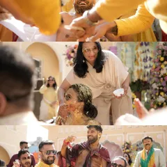 A collage showing the fun and messy moments of Vedika and Shubhang's Haldi ceremony, with friends and family enthusiastically participating in the rituals.