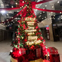 For the Atria Mall, I designed a festive installation that was all about big impact. This towering Christmas tree became the centerpiece, featuring custom neon signage with holiday wishes, classic red and gold ornaments, and dramatic overhead lighting to draw in shoppers and create a magical atmosphere.