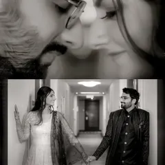 A collage of black and white portraits, focusing on close-up, intimate moments and the tender connection between the couple.
