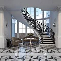 The magnificent foyer of the Chattarpur neo-classical bungalow, featuring a sweeping wrought-iron staircase. This entryway was designed to make a lasting first impression, highlighting our skill in creating dramatic spaces with custom details and high-end materials like geometric marble flooring.