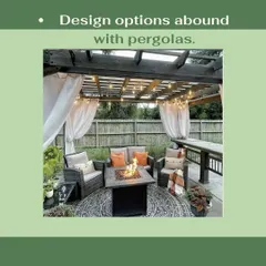 Pergolas offer endless design options. This cozy setup features a dark wood pergola with string lights and curtains, creating an intimate and inviting outdoor living room centered around a fire pit table.