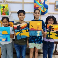 The fantastic results of our kids' acrylic workshop during the summer camp. Each student created a unique and colorful landscape painting.