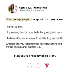 Not losing weight as quickly as you want? Good. Rapid weight loss often leads to muscle loss and is more likely to be gained back. A slow, steady pace of 2kg a month means you're likely losing more fat, building muscle, and creating changes that will last.