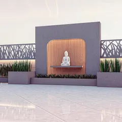 This visualization shows a serene corner of the terrace with a Buddha statue set in a backlit niche. This creates a peaceful, meditative zone within the garden.
