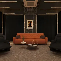 A modern home theater with a cozy, lounge-like feel. The design includes a comfortable sofa, recliner armchairs, and a dark, moody color palette to enhance the viewing experience.