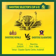 Announcing an early morning clash between Shooterz Royals and Shooterz Gladiators in our U-12 cricket tournament.