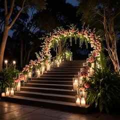 A fairytale entrance for a reception. The staircase is decorated with a floral arch and lined with candles, creating a magical pathway for the couple's grand entry.