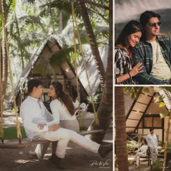 A collage showcasing a pre-wedding shoot at a tropical resort, featuring a swing, cozy cabins, and relaxed portraits.