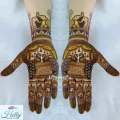 A beautiful blend of strength and grace, this design features elephants on the arms and peacocks on the palms.