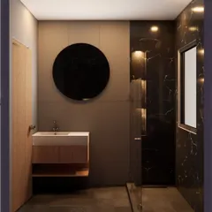 Another view of the GK-1 bathroom design. This angle shows the floating wooden vanity and the large, circular mirror, which provides a soft contrast to the sharp lines of the tiles.
