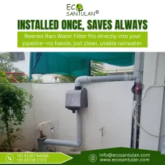 This is what a finished installation looks like. The Neerain filter fits neatly into your existing pipeline, working silently to recharge your borewell or fill your storage tanks with clean rainwater. It's a one-time setup for a lifetime of water savings.
